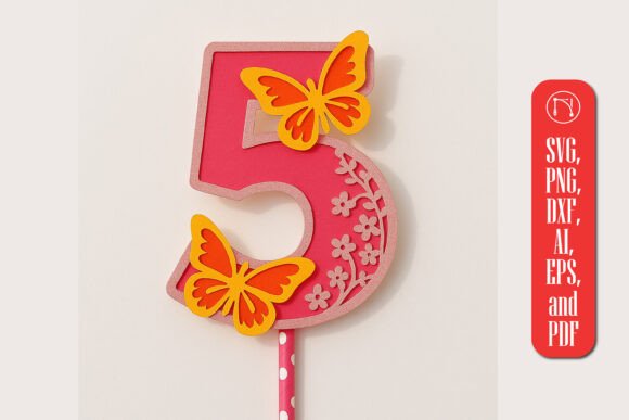 3D Butterfly Number 5 Topper SVG for Celebrations