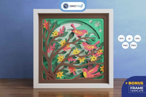 Birds on Soft Color Tree 3D SVG for Shadow Boxes