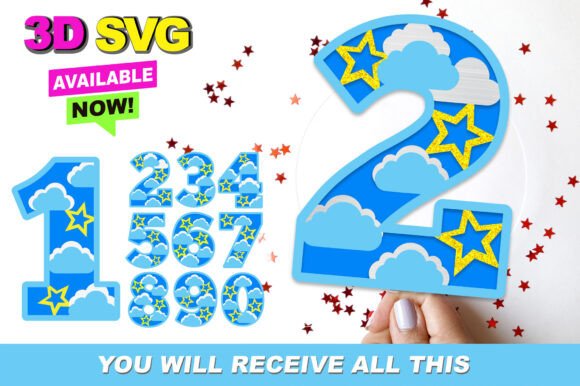 Cloud and Stars Numbers 3D SVG for Anniversaries