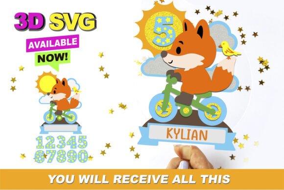 Fox on Bike Cake Topper 3D SVG: Graphics for Crafts