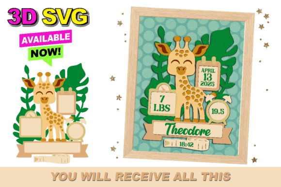 Giraffe Birth Stats 3D SVG for Baby Brands